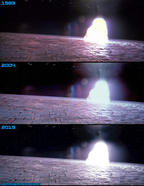 The lens flare coming from the top of this shot as the Executor explodes has been reduced for the 4K.