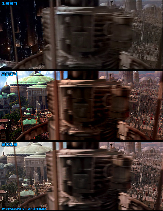 When Naboo was added to the ending celebrations, the Mos Eisley tower that wiped to Coruscant was cut out to make a wipe to Naboo. This was redone in 4K (note the wider pole on the top left and how the cutout is different on the main section.