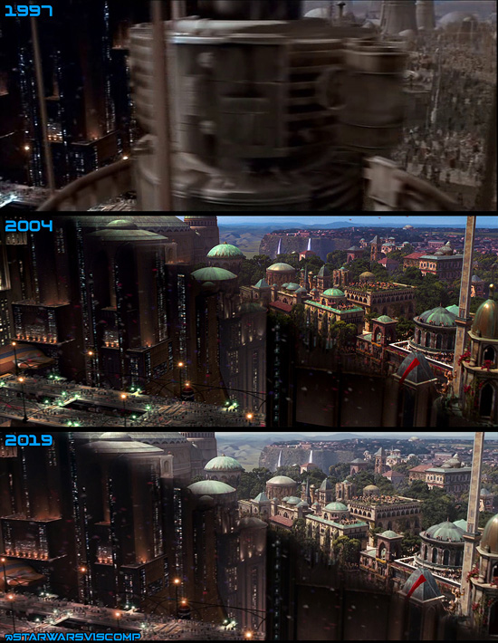 When Naboo was added to the ending celebrations, the Mos Eisley tower that wiped to Coruscant was cut out to make a wipe to Naboo. A new wipe was created to move from Naboo to Coruscant, which was recreated in 4K.