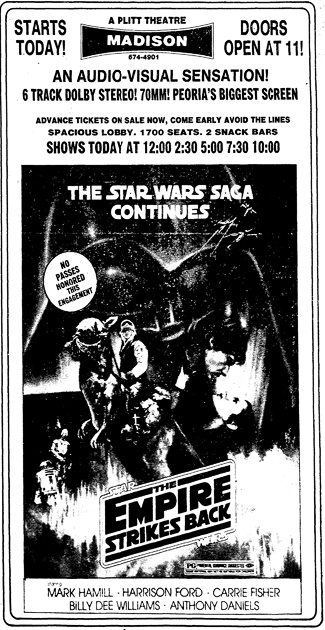A newspaper ad for The Empire Strikes Back in 70 mm.